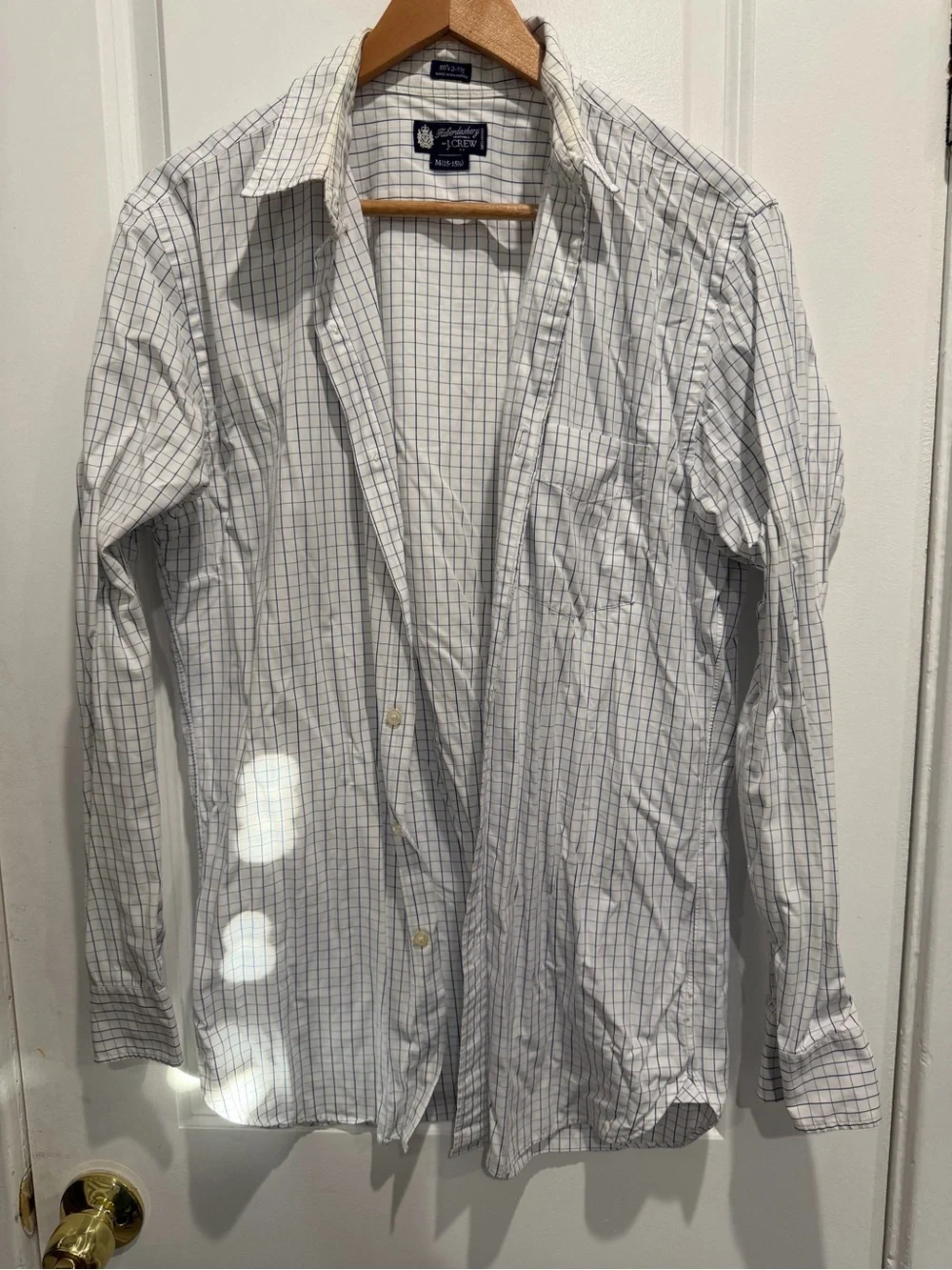 J. Crew Men's White Button-Down Shirt with Blue Windowpane